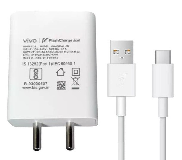 Vivo T3 5G Support FlashCharge 44W Fast Mobile Charger With Type-C Data Cable