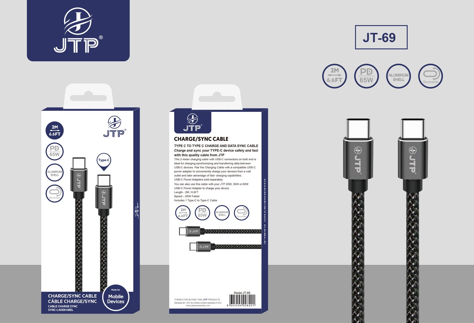 JTP 65W 6.6FT Super-Fast Charging Type C to Type C  Charge and Data Sync Cable(2M)