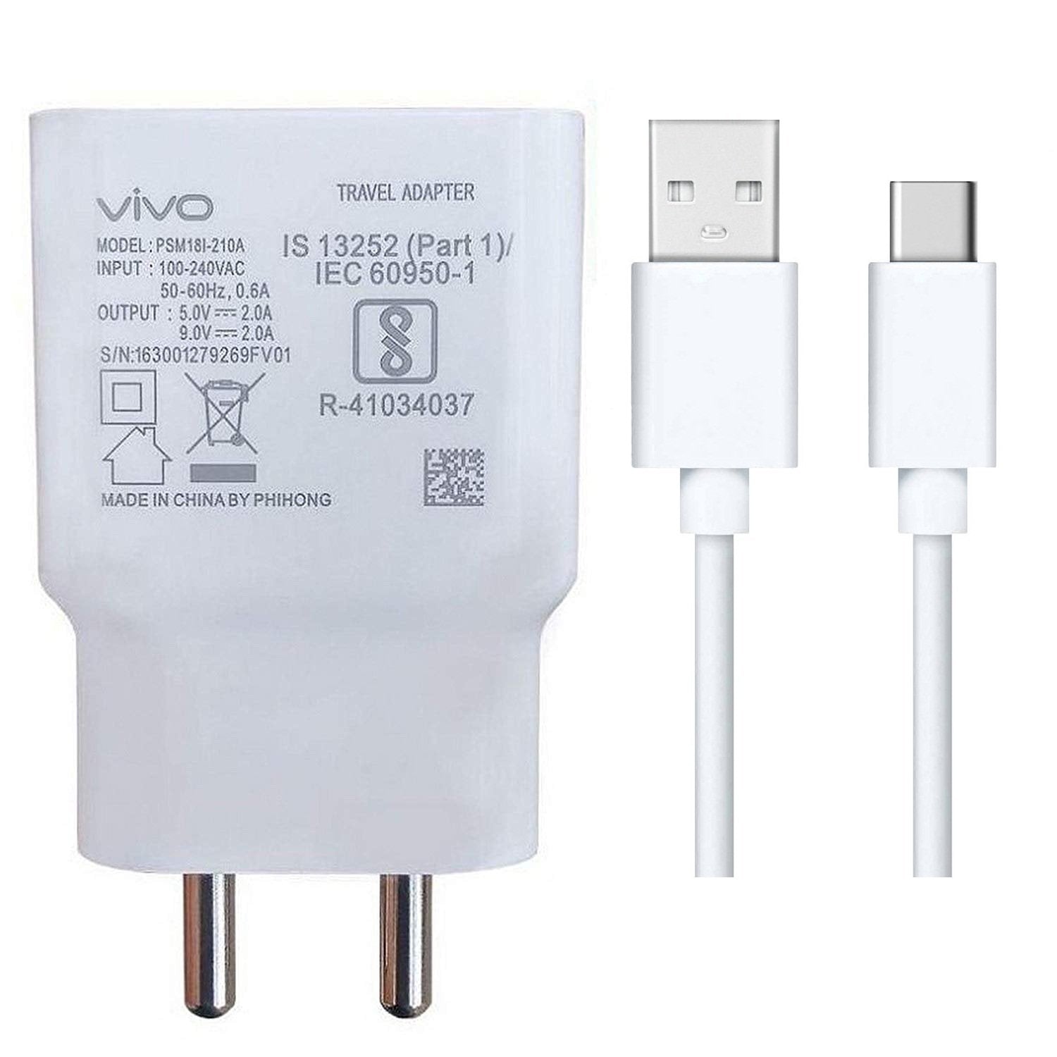 Vivo Y73 2 Amp Dual Engine Fast Mobile Charger with Type-C Data Cable 1M Cord-White